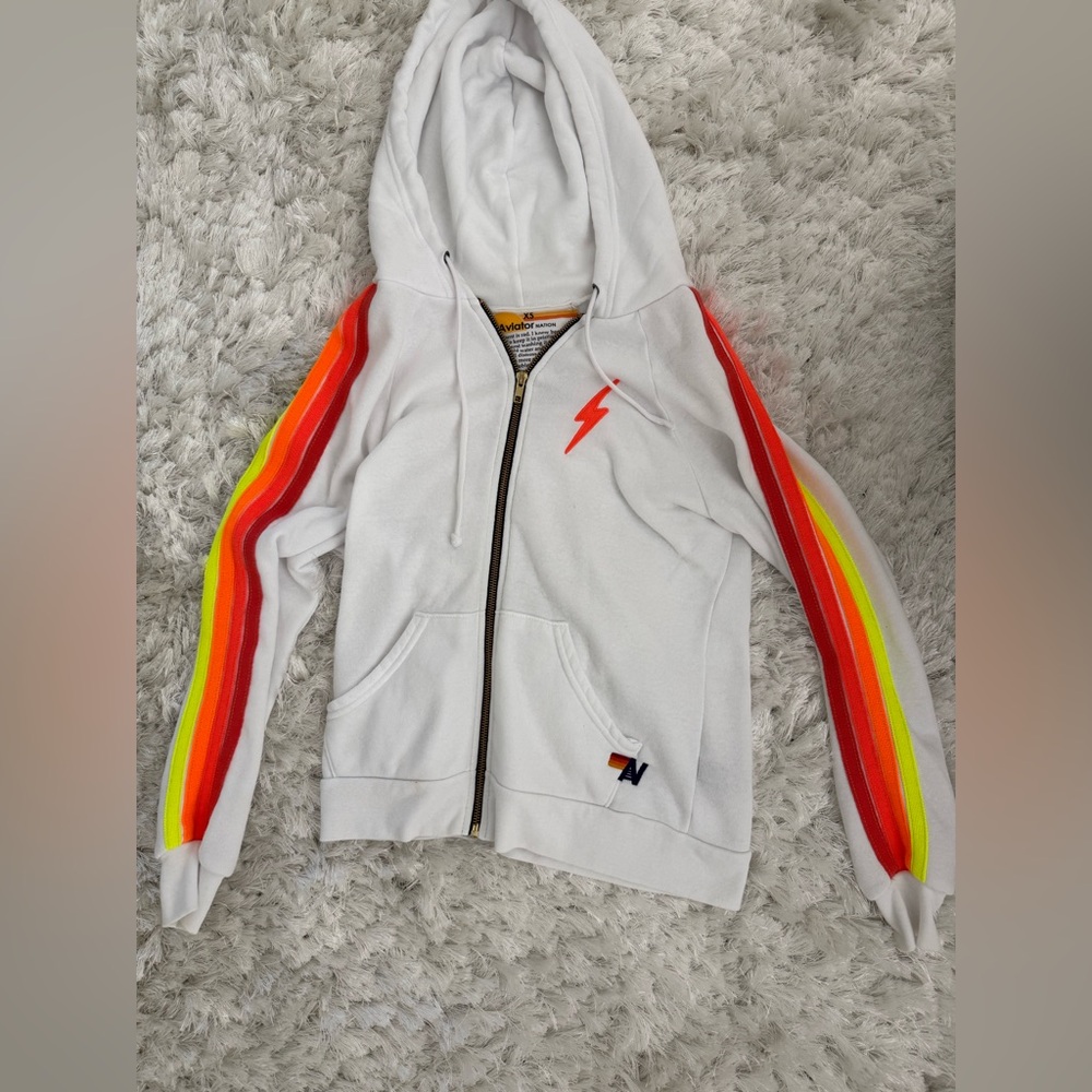 Aviator Nation Vintage White Hoodie with Neon Stripes